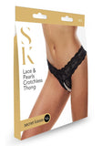 Secret Kisses Lace & Pearls Crotchless Thong Black