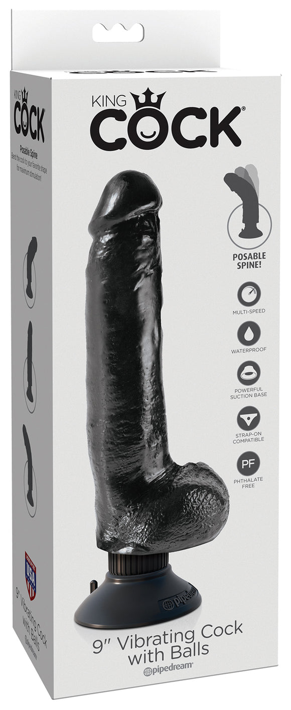 King Cock 9 Inch Vibrating Cock with Balls- Black