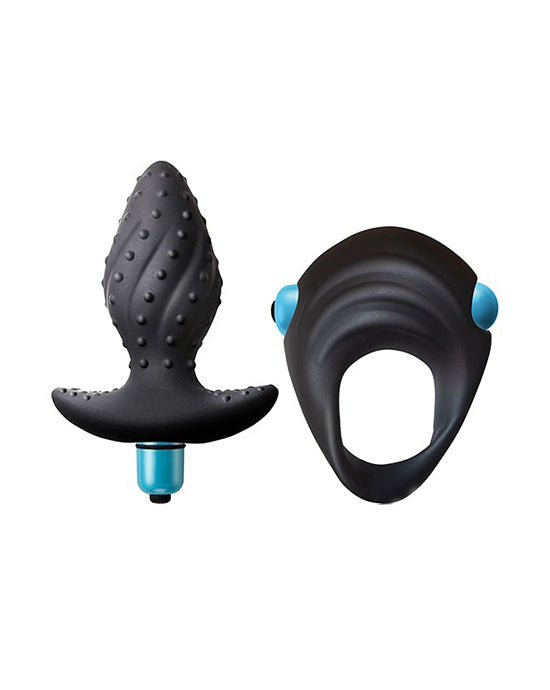 Ibex Kit - VIBRATING COCK RING & BUTT PLUG - BLUE/BLACK